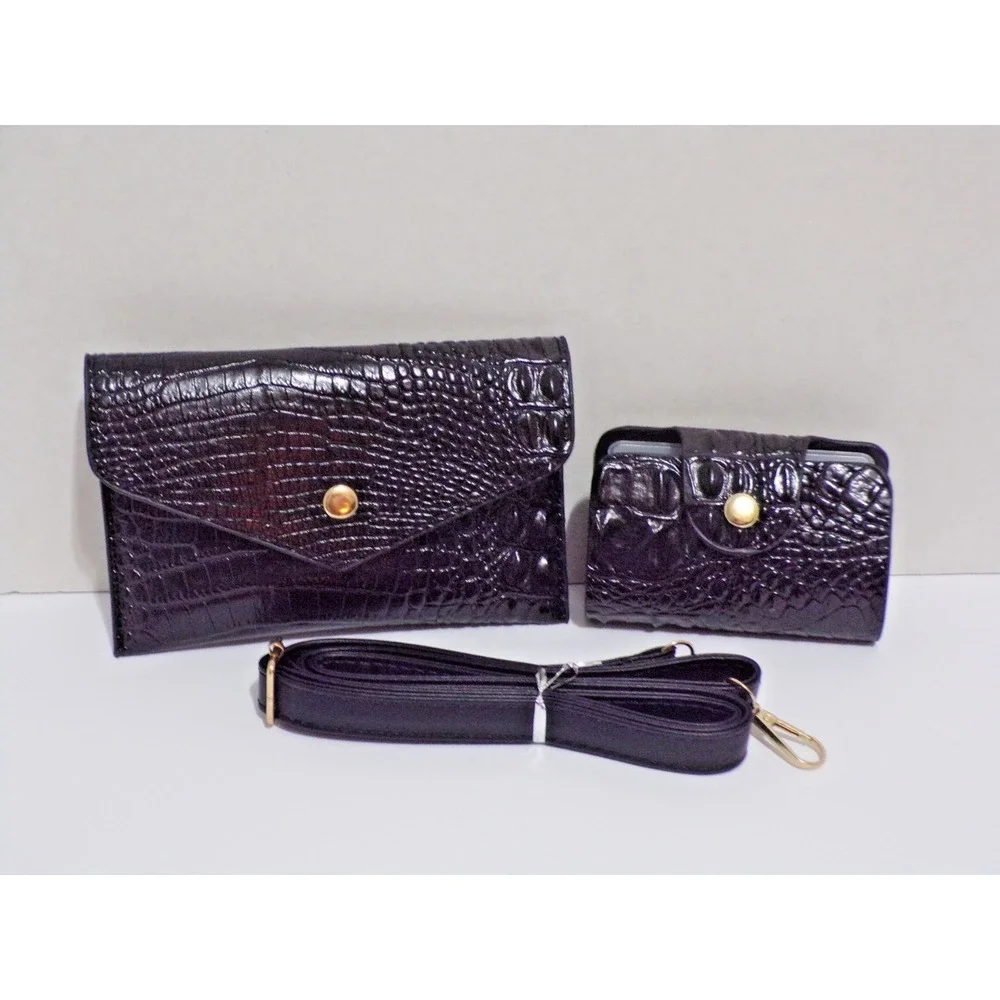 Black Handbag Shoulder Crossbody w/Makeup Bag & CC Holder Croc Like Texture